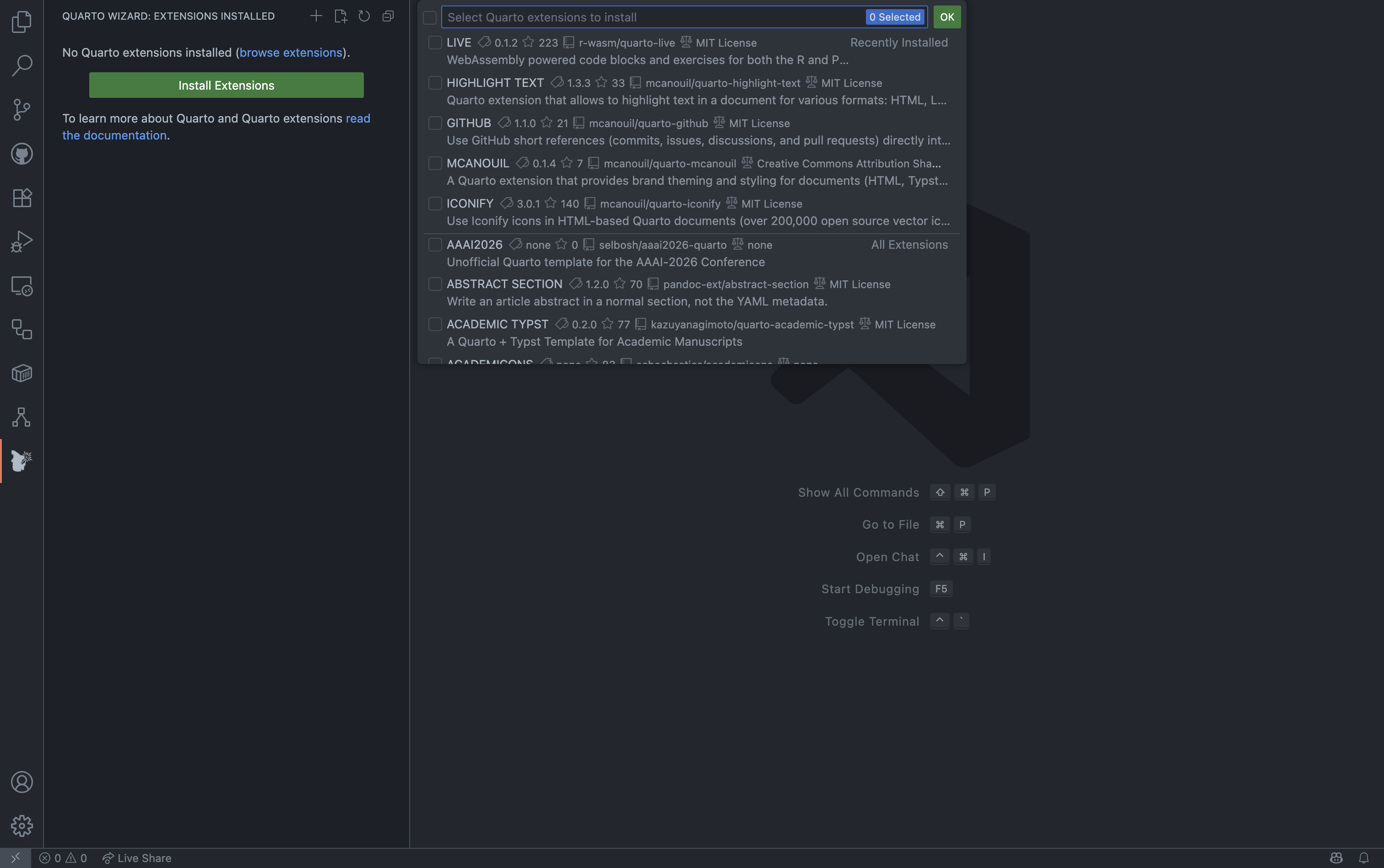 Quarto Wizard: Install Extensions (Dark) Quarto Wizard extension selection dialog showing list of available extensions with checkboxes including LIVE, HIGHLIGHT TEXT, GITHUB, and other Quarto extensions.