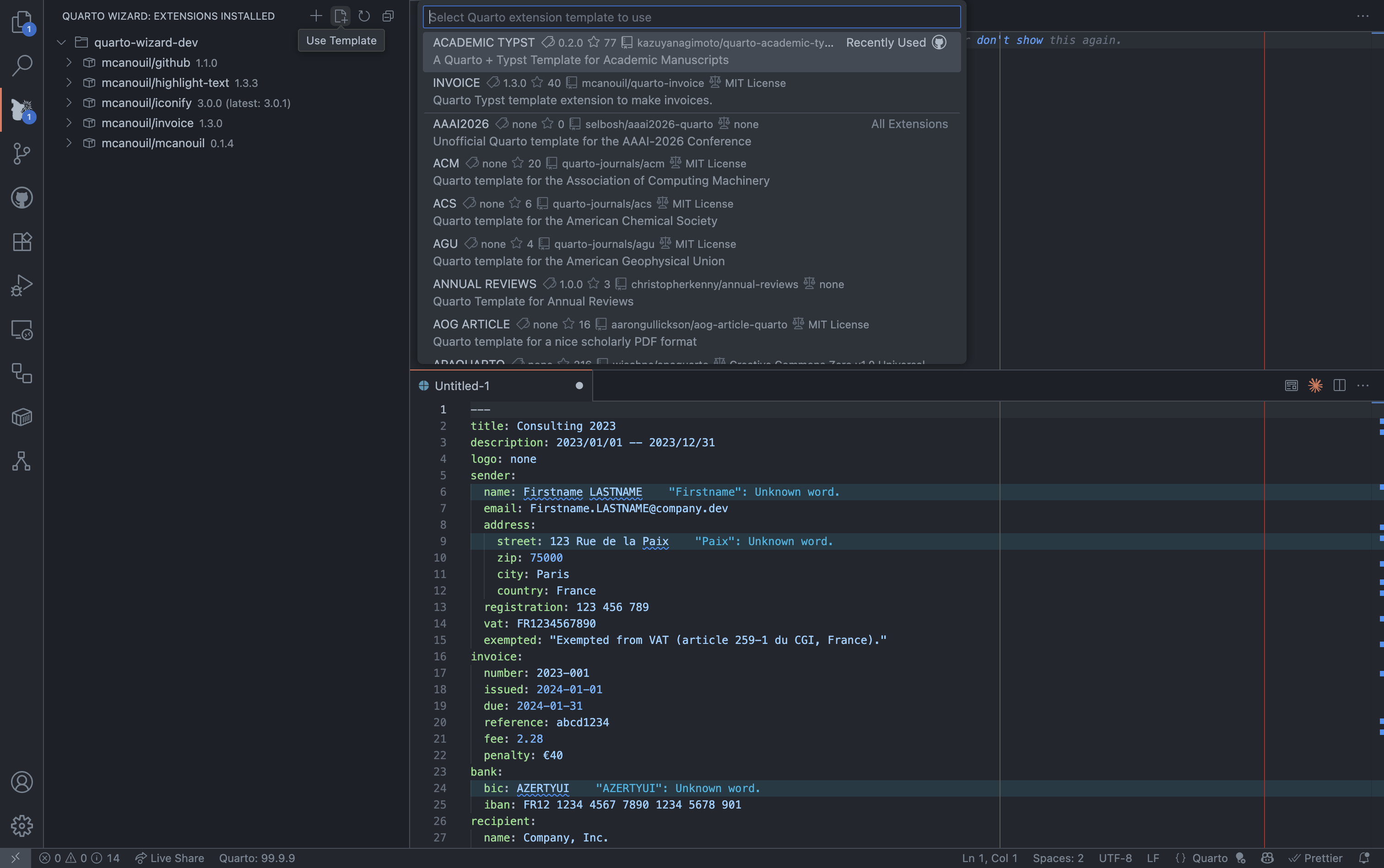 Quarto Wizard: Use Template (Dark) Visual Studio Code showing Quarto Wizard with installed extensions list and document editor displaying invoice template with YAML frontmatter.