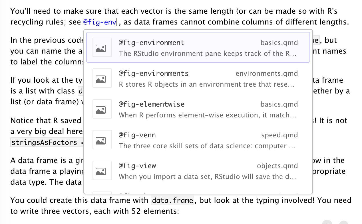 A document opened in the R Studio Visual Editor. The text '@fig-env' is highlighted in blue and a pop-up window displaying search results is displayed underneath it. Each of the search results has a title of the form '@fig-env*', an image icon to the left, the file name where the figure was found the far right side, and some of the surrounding text from where the reference was found underneath it.